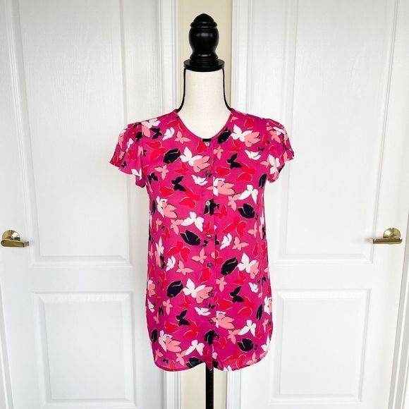 Ann Taylor Tops - Ann Taylor Women's Pink Butterfly Button Up Short Sleeve Top Blouse Size XXSP